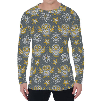 Owl Knitted Pattern Print Men's Long Sleeve T-Shirt