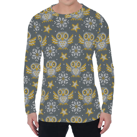 Owl Knitted Pattern Print Men's Long Sleeve T-Shirt