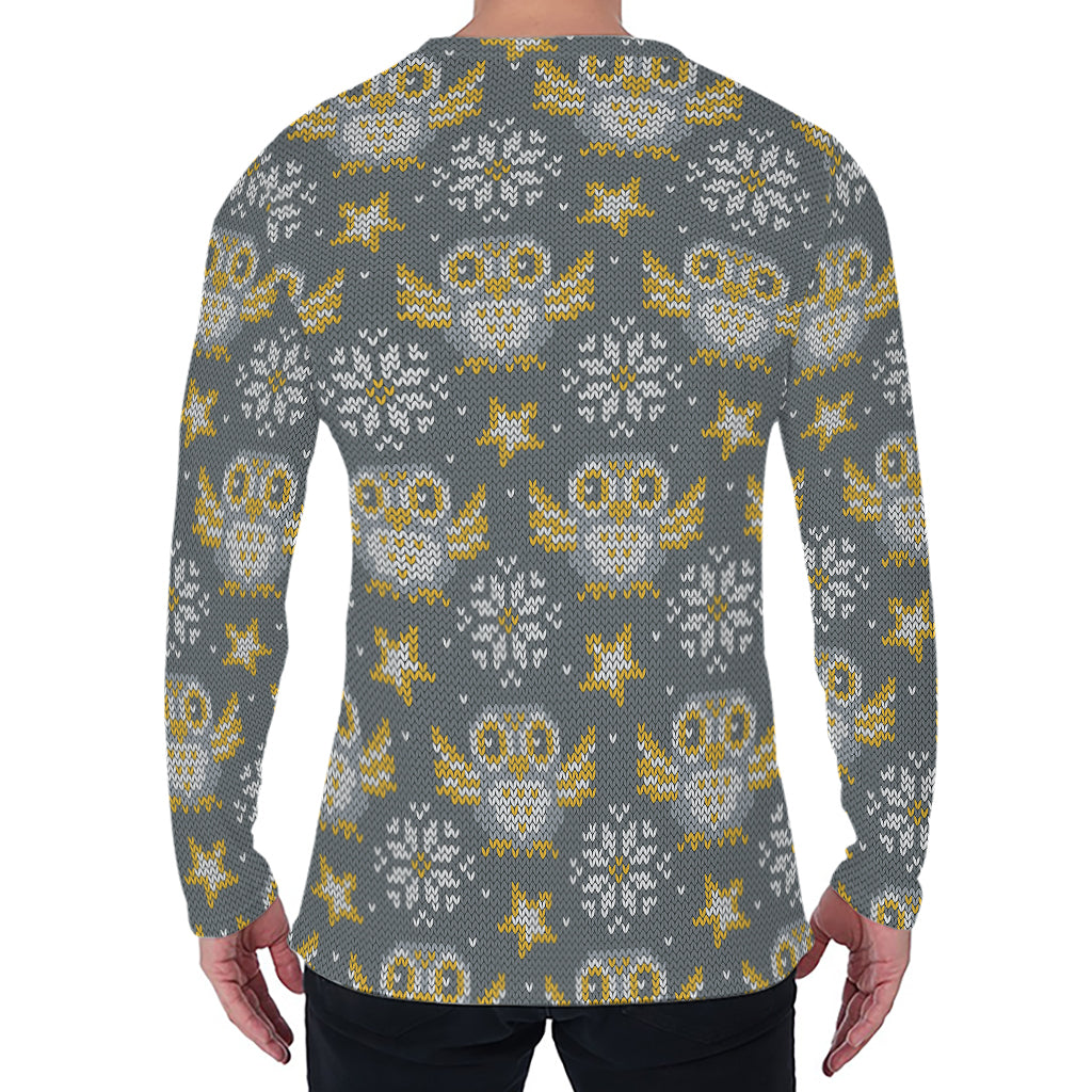 Owl Knitted Pattern Print Men's Long Sleeve T-Shirt