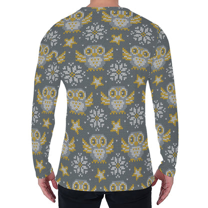 Owl Knitted Pattern Print Men's Long Sleeve T-Shirt