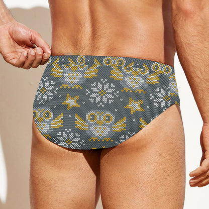 Owl Knitted Pattern Print Men's Swim Briefs