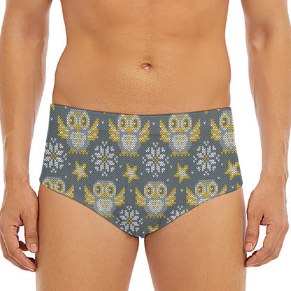 Owl Knitted Pattern Print Men's Triangle Swim Briefs