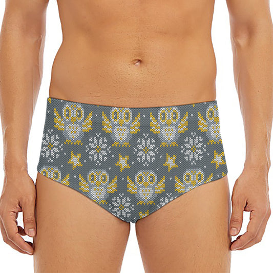 Owl Knitted Pattern Print Men's Triangle Swim Briefs