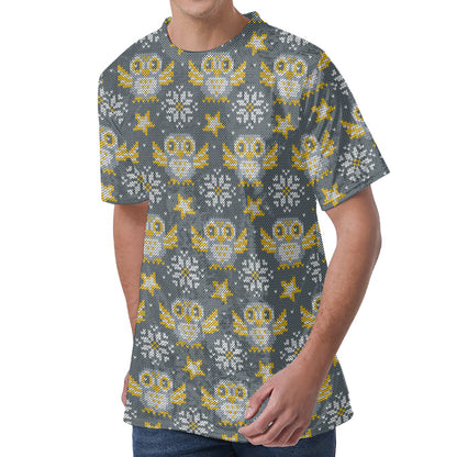 Owl Knitted Pattern Print Men's Velvet T-Shirt