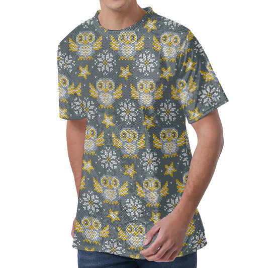 Owl Knitted Pattern Print Men's Velvet T-Shirt