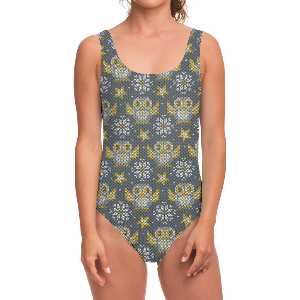Owl Knitted Pattern Print One Piece Swimsuit