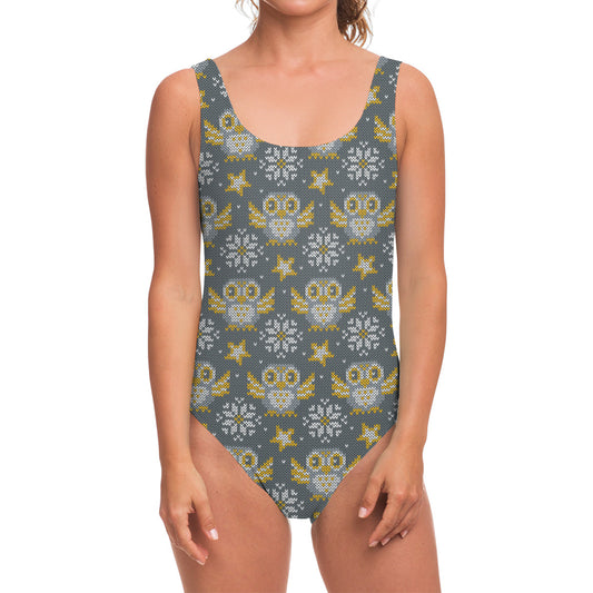 Owl Knitted Pattern Print One Piece Swimsuit