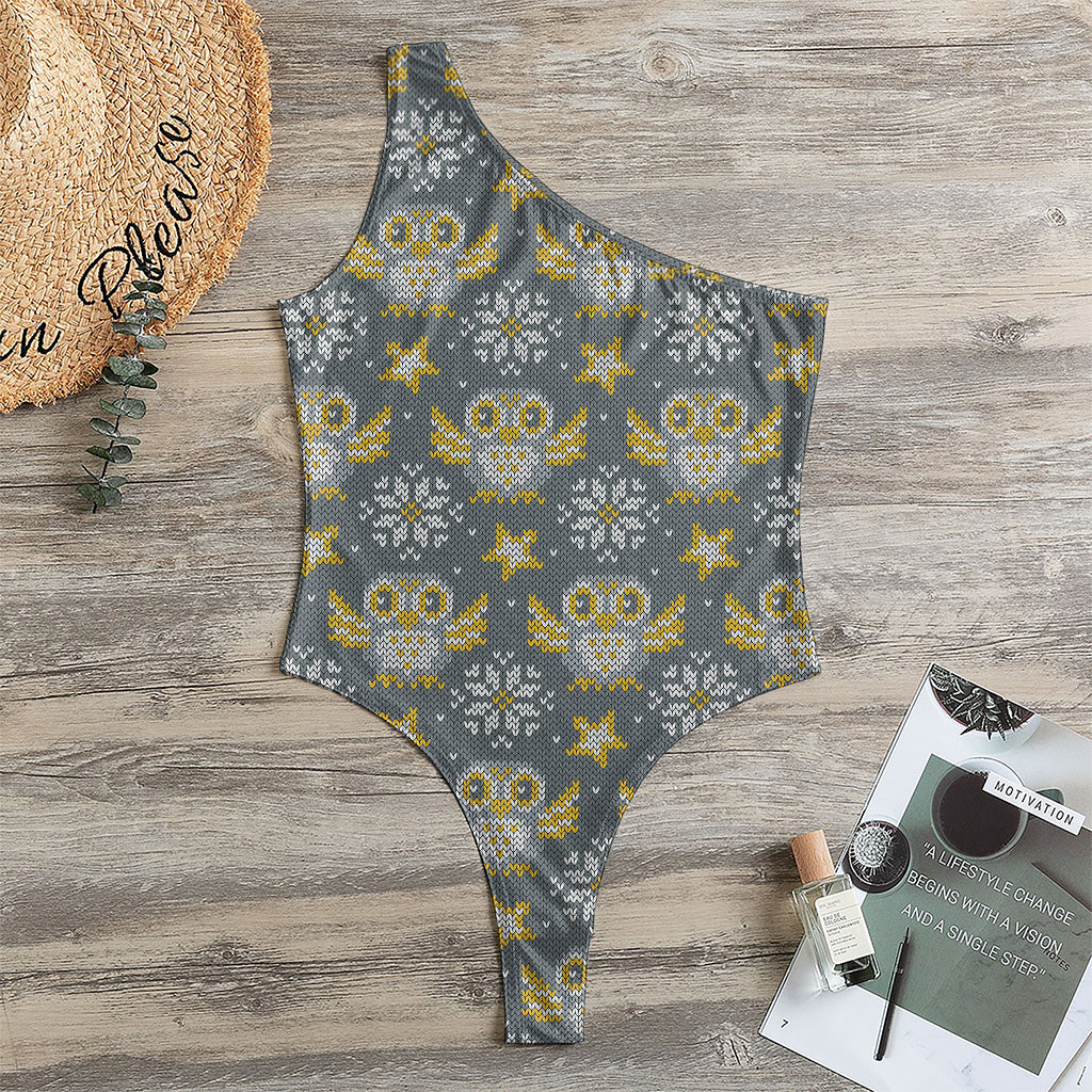 Owl Knitted Pattern Print One Shoulder Bodysuit