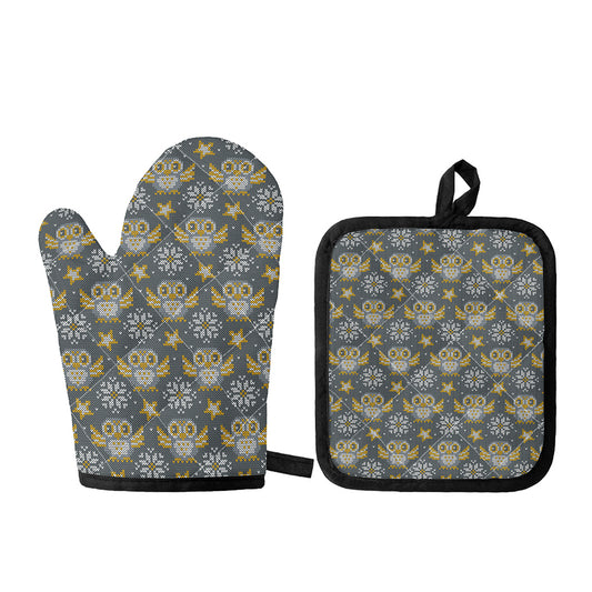 Owl Knitted Pattern Print Oven Mitt And Pot Holder Set