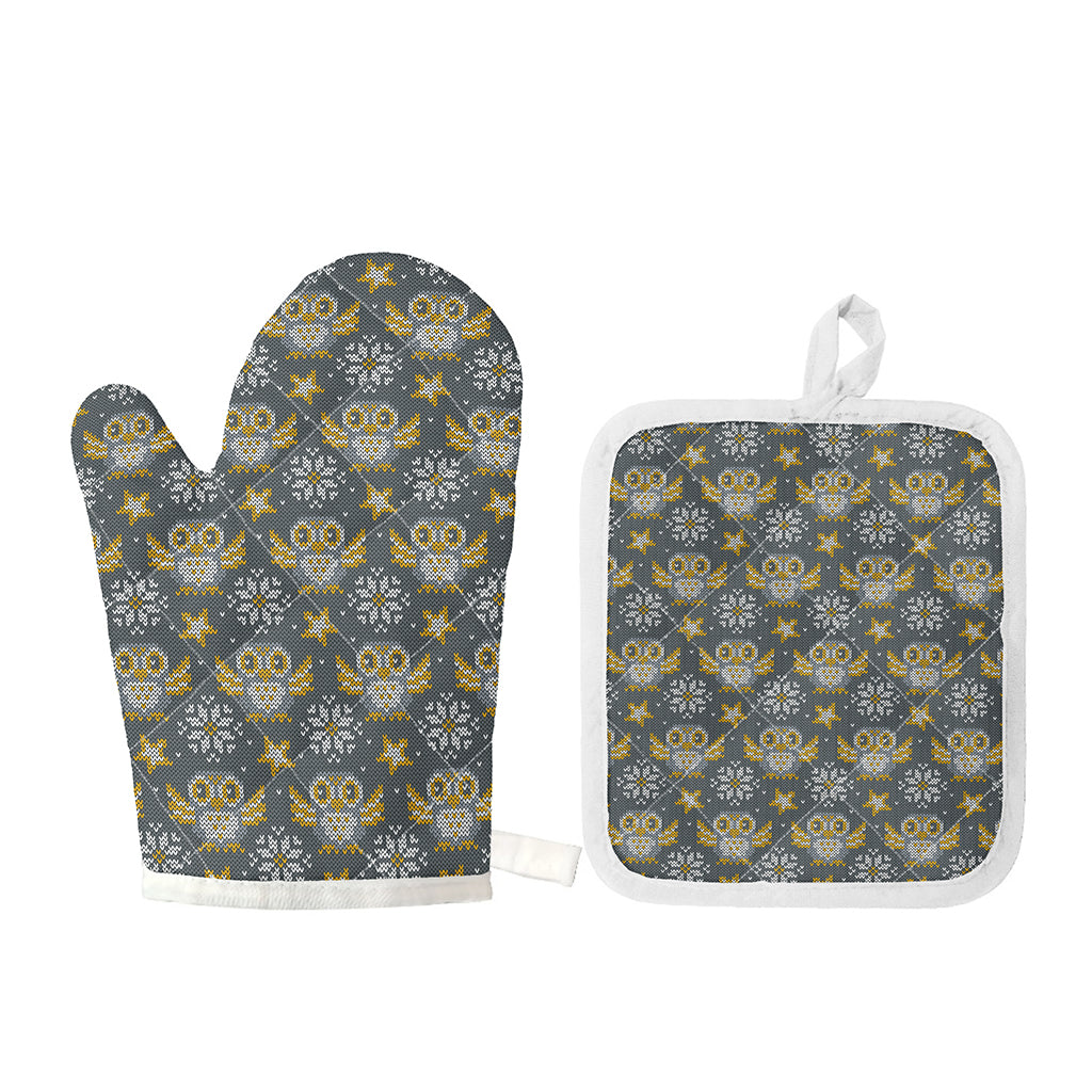 Owl Knitted Pattern Print Oven Mitt And Pot Holder Set