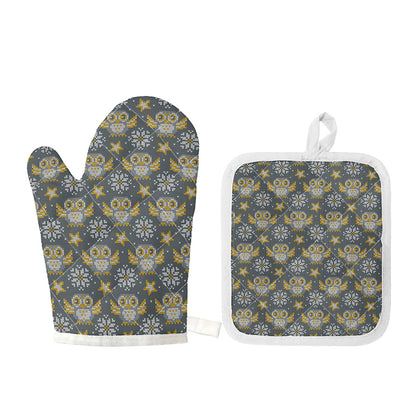 Owl Knitted Pattern Print Oven Mitt And Pot Holder Set