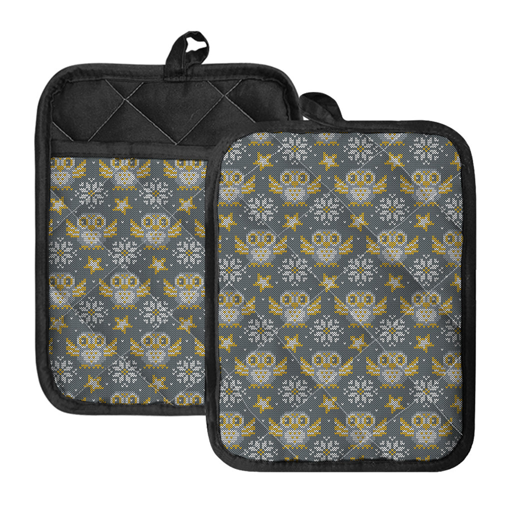 Owl Knitted Pattern Print Pot Holders With Pocket