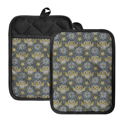 Owl Knitted Pattern Print Pot Holders With Pocket