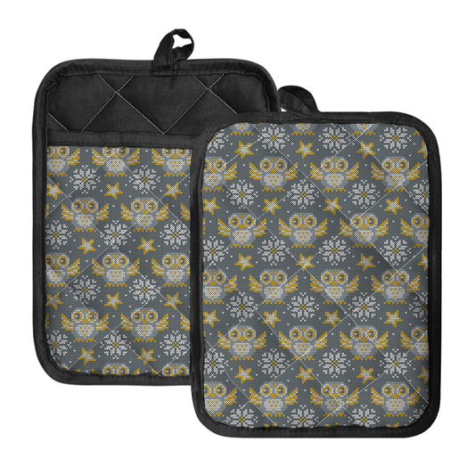 Owl Knitted Pattern Print Pot Holders With Pocket