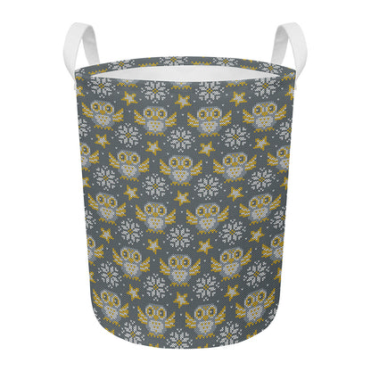 Owl Knitted Pattern Print Round Laundry Basket