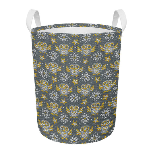 Owl Knitted Pattern Print Round Laundry Basket
