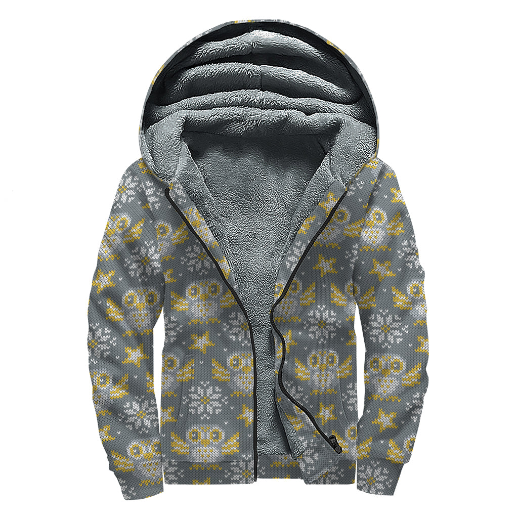 Owl Knitted Pattern Print Sherpa Lined Zip Up Hoodie