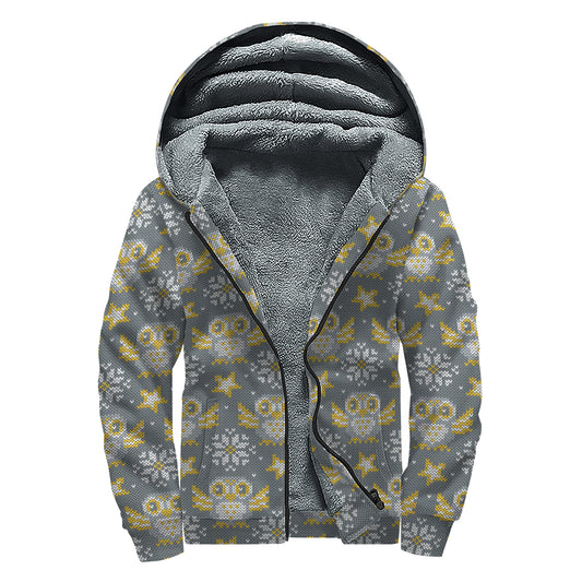 Owl Knitted Pattern Print Sherpa Lined Zip Up Hoodie