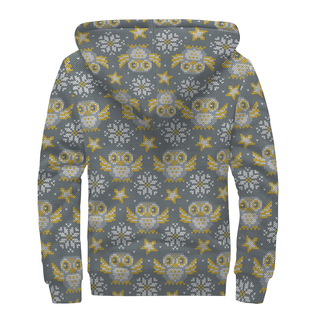 Owl Knitted Pattern Print Sherpa Lined Zip Up Hoodie