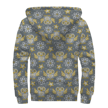 Owl Knitted Pattern Print Sherpa Lined Zip Up Hoodie