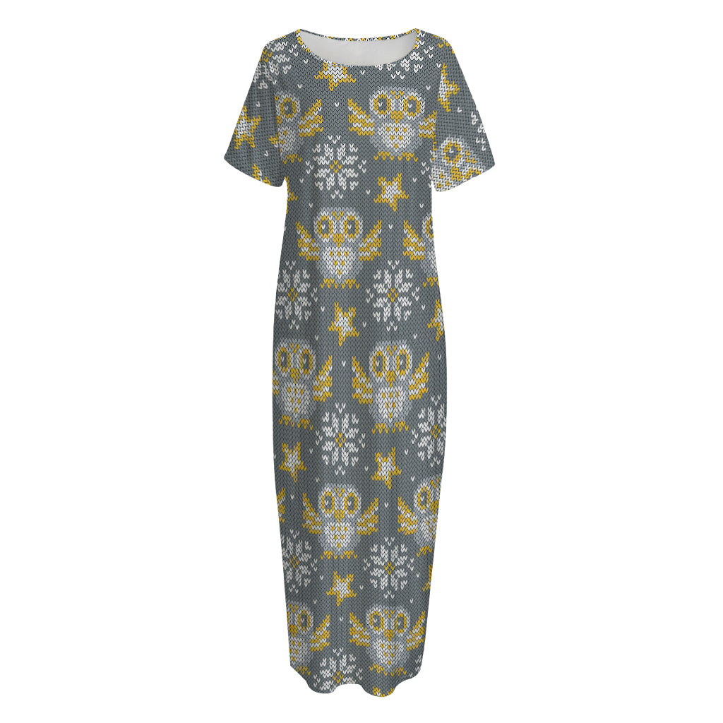 Owl Knitted Pattern Print Short Sleeve Long Nightdress