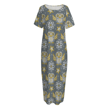 Owl Knitted Pattern Print Short Sleeve Long Nightdress