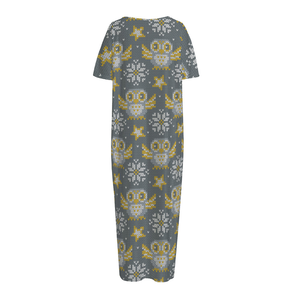 Owl Knitted Pattern Print Short Sleeve Long Nightdress