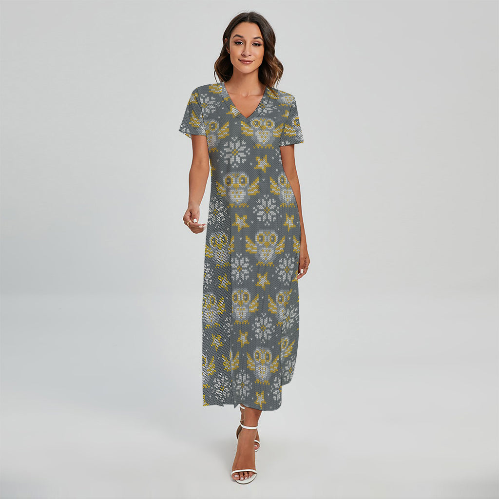 Owl Knitted Pattern Print Short Sleeve Maxi Dress