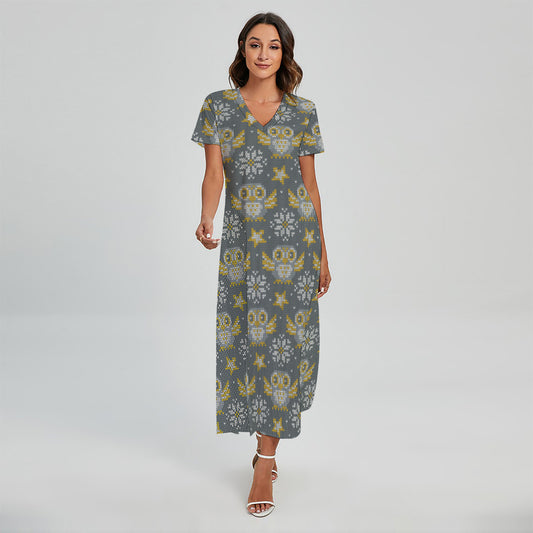 Owl Knitted Pattern Print Short Sleeve Maxi Dress