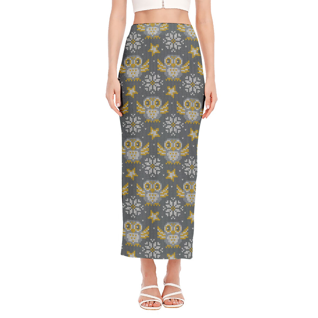 Owl Knitted Pattern Print Side Slit Maxi Skirt