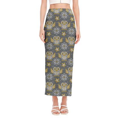 Owl Knitted Pattern Print Side Slit Maxi Skirt