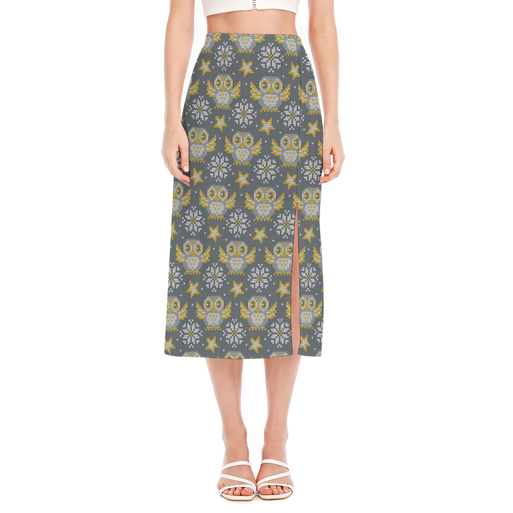 Owl Knitted Pattern Print Side Slit Midi Skirt