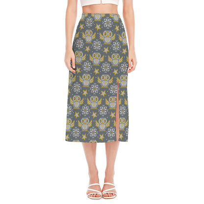 Owl Knitted Pattern Print Side Slit Midi Skirt