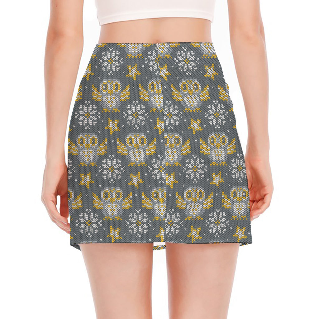 Owl Knitted Pattern Print Side Slit Mini Skirt
