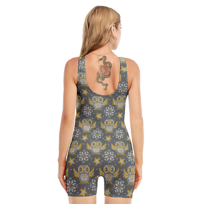 Owl Knitted Pattern Print Sleeveless One Piece Swimsuit