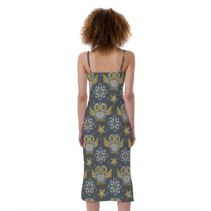 Owl Knitted Pattern Print Slim Fit Midi Cami Dress