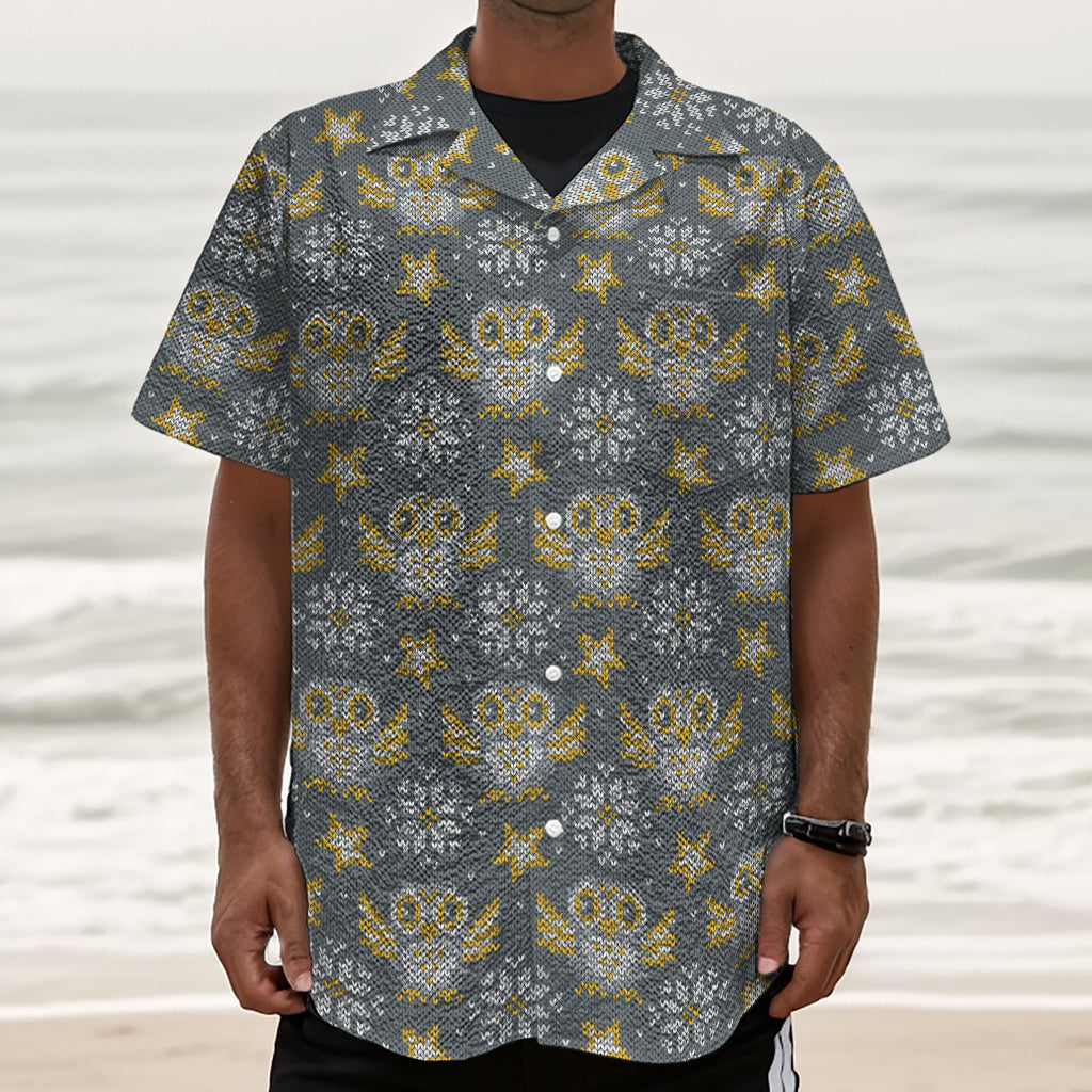 Owl Knitted Pattern Print Textured Short Sleeve Shirt