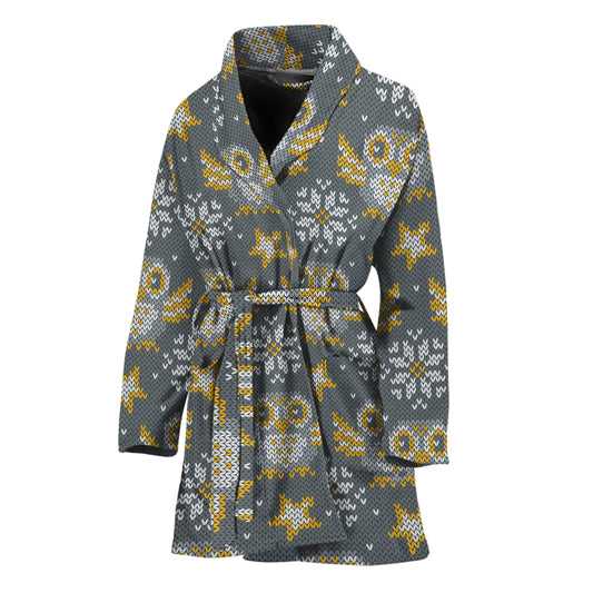 Owl Knitted Pattern Print Women's Bathrobe