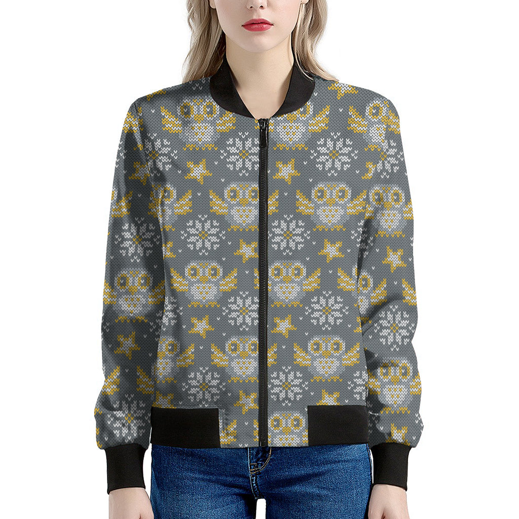 Owl Knitted Pattern Print Women's Bomber Jacket