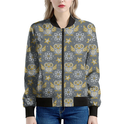 Owl Knitted Pattern Print Women's Bomber Jacket