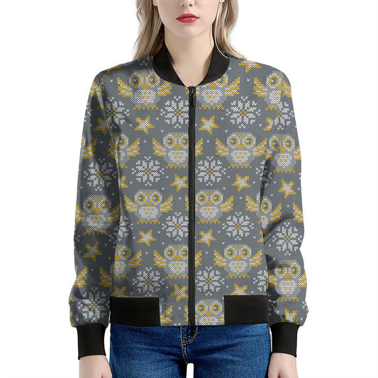 Owl Knitted Pattern Print Women's Bomber Jacket