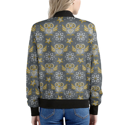 Owl Knitted Pattern Print Women's Bomber Jacket