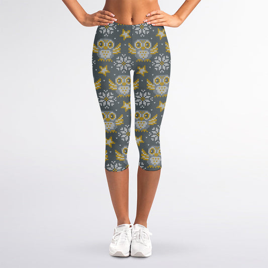 Owl Knitted Pattern Print Women's Capri Leggings