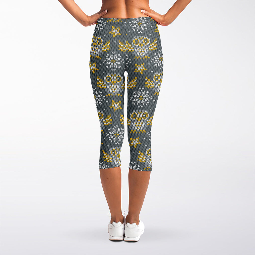 Owl Knitted Pattern Print Women's Capri Leggings