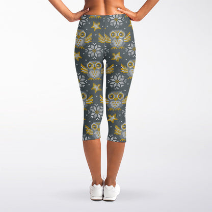 Owl Knitted Pattern Print Women's Capri Leggings