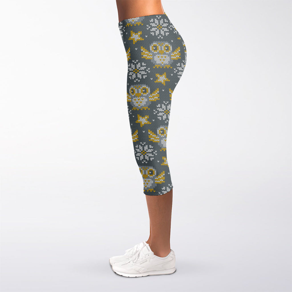 Owl Knitted Pattern Print Women's Capri Leggings