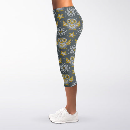 Owl Knitted Pattern Print Women's Capri Leggings