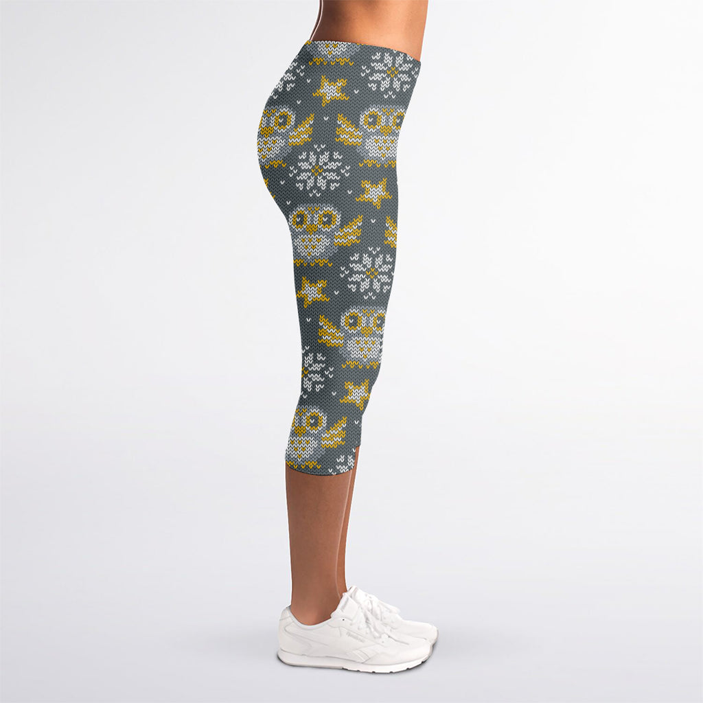 Owl Knitted Pattern Print Women's Capri Leggings