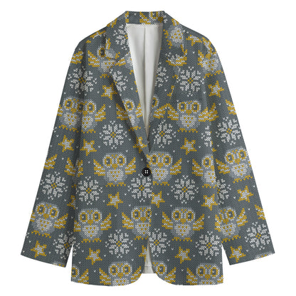 Owl Knitted Pattern Print Women's Cotton Blazer
