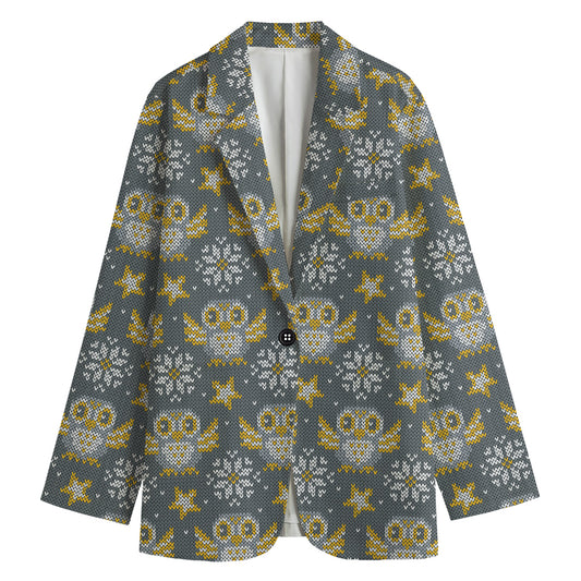 Owl Knitted Pattern Print Women's Cotton Blazer